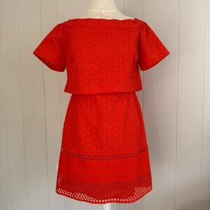 Top Shop Bright Orange Eyelet Cotton Blend Boatneck Party Coctail Dress - Size 8